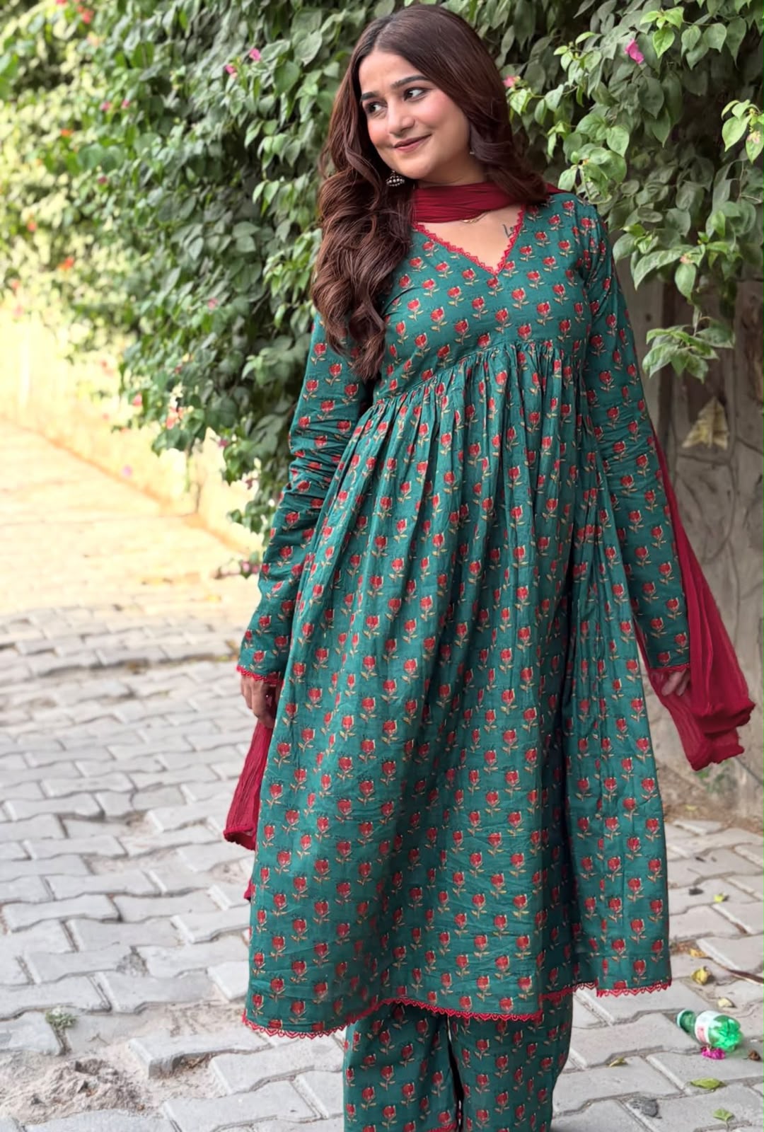 Women’s Printed Cotton Anarkali Palazzo Set with Mulmul Dupatta