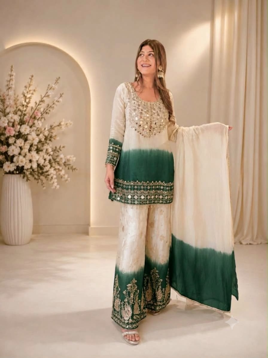 Women’s Star Georgette Mirror Work Palazzo Set with Dupatta