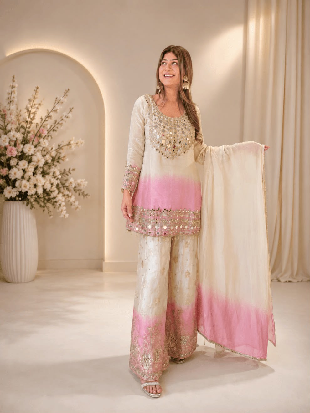 Women’s Star Georgette Mirror Work Palazzo Set with Dupatta