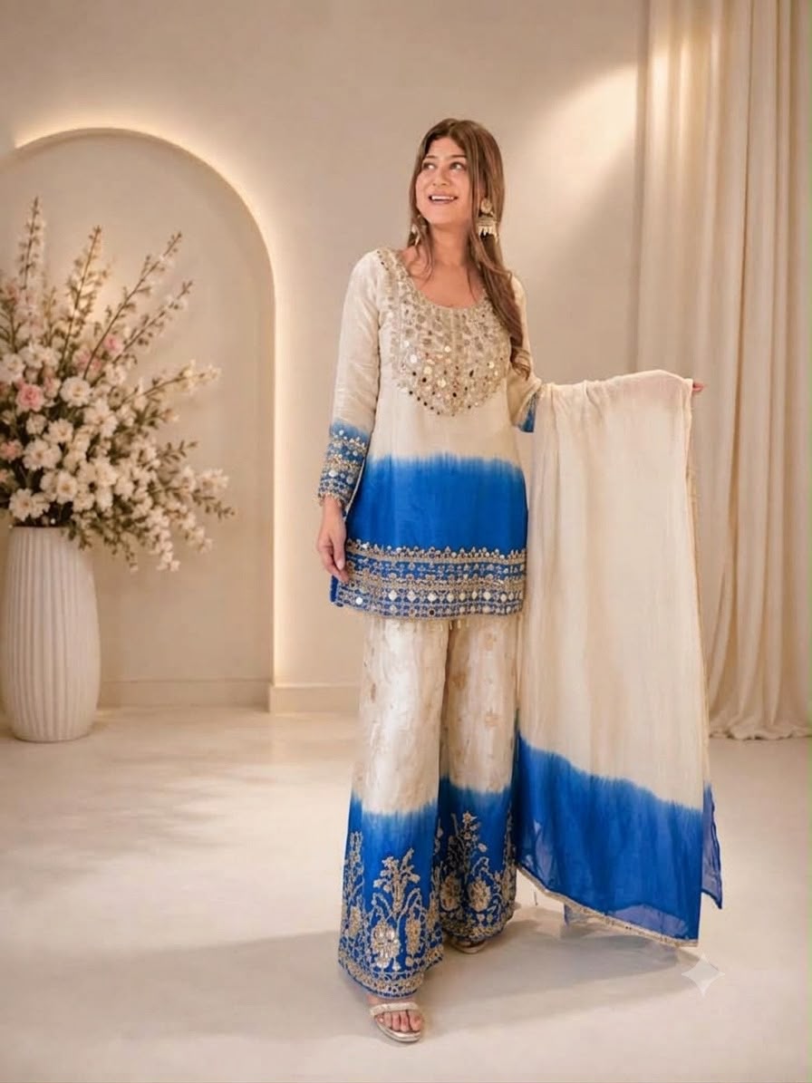 Women’s Star Georgette Mirror Work Palazzo Set with Dupatta