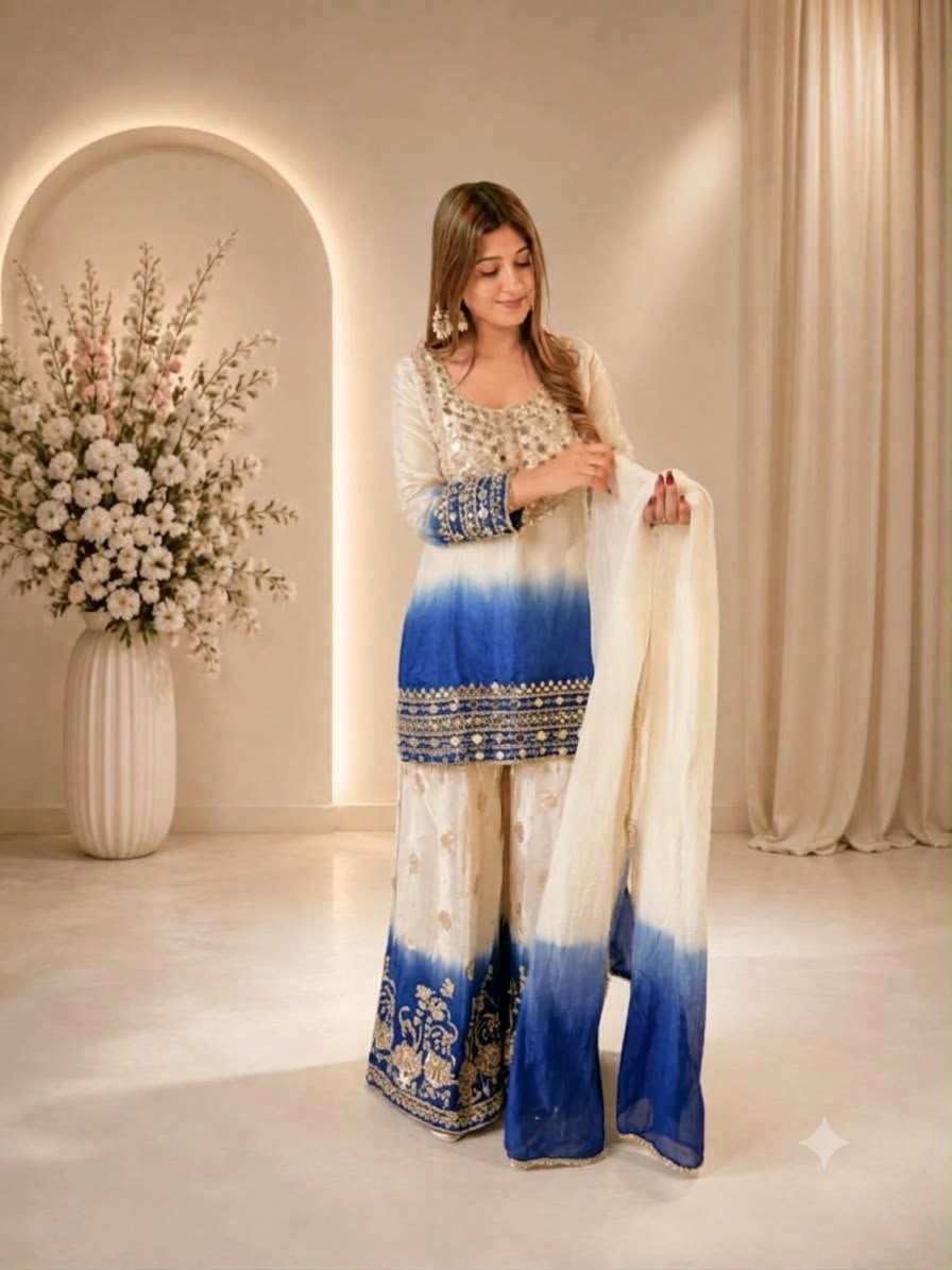 Women’s Star Georgette Mirror Work Palazzo Set with Dupatta