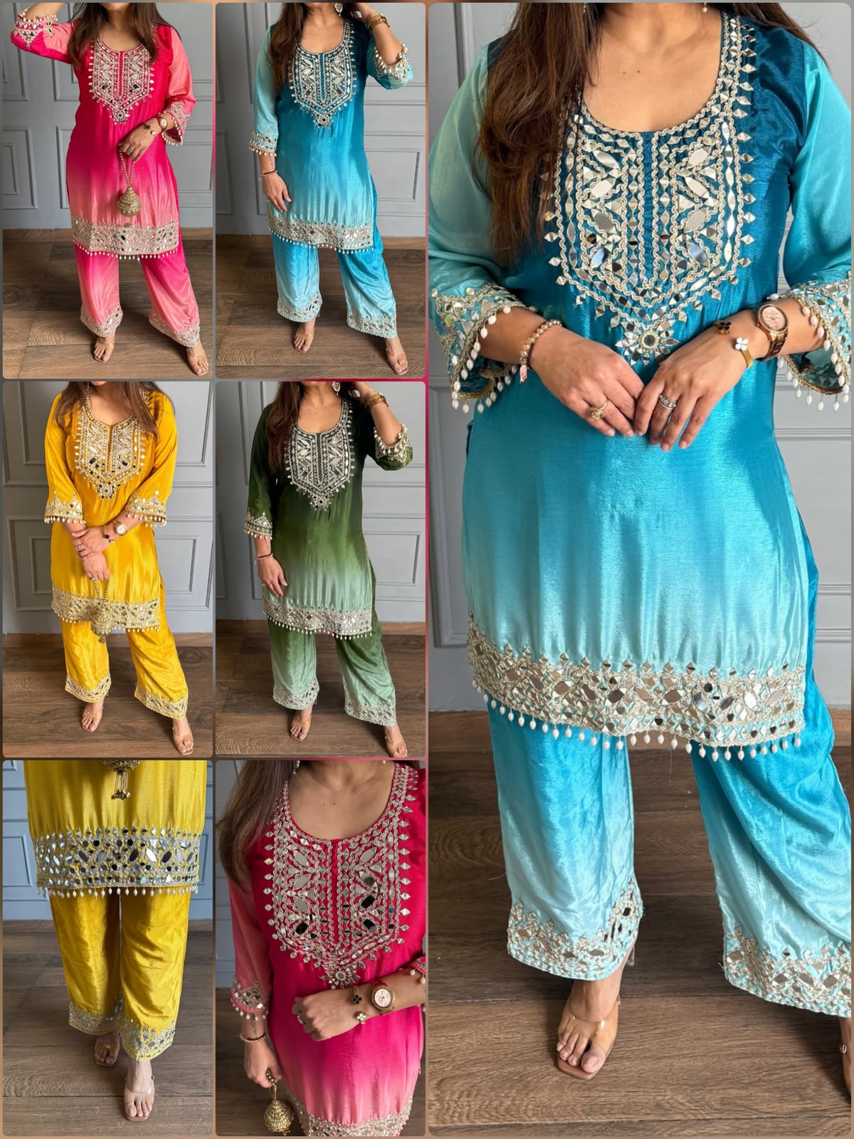Women’s Two-Tone Chinon Embroidered Top & Pant Set