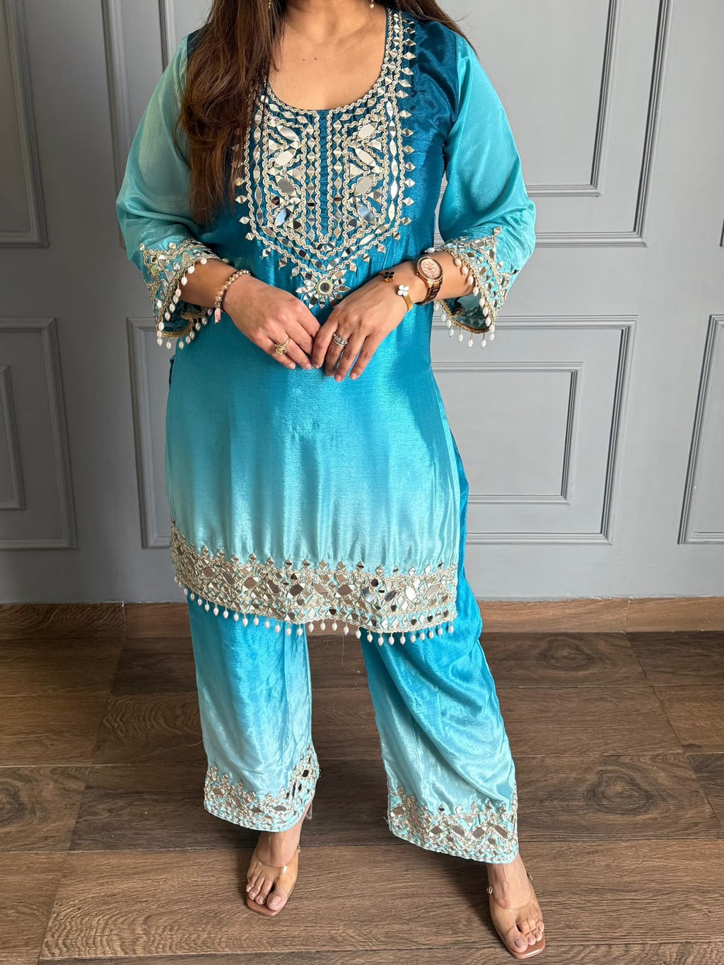 Women’s Two-Tone Chinon Embroidered Top & Pant Set