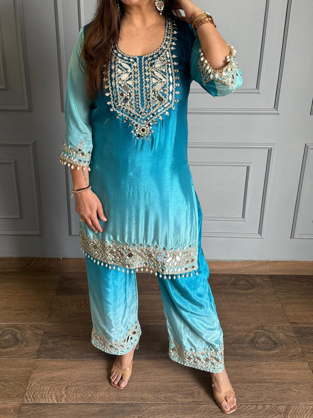 Women’s Two-Tone Chinon Embroidered Top & Pant Set