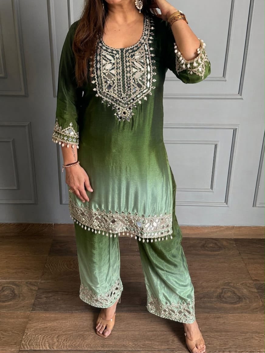 Women’s Two-Tone Chinon Embroidered Top & Pant Set