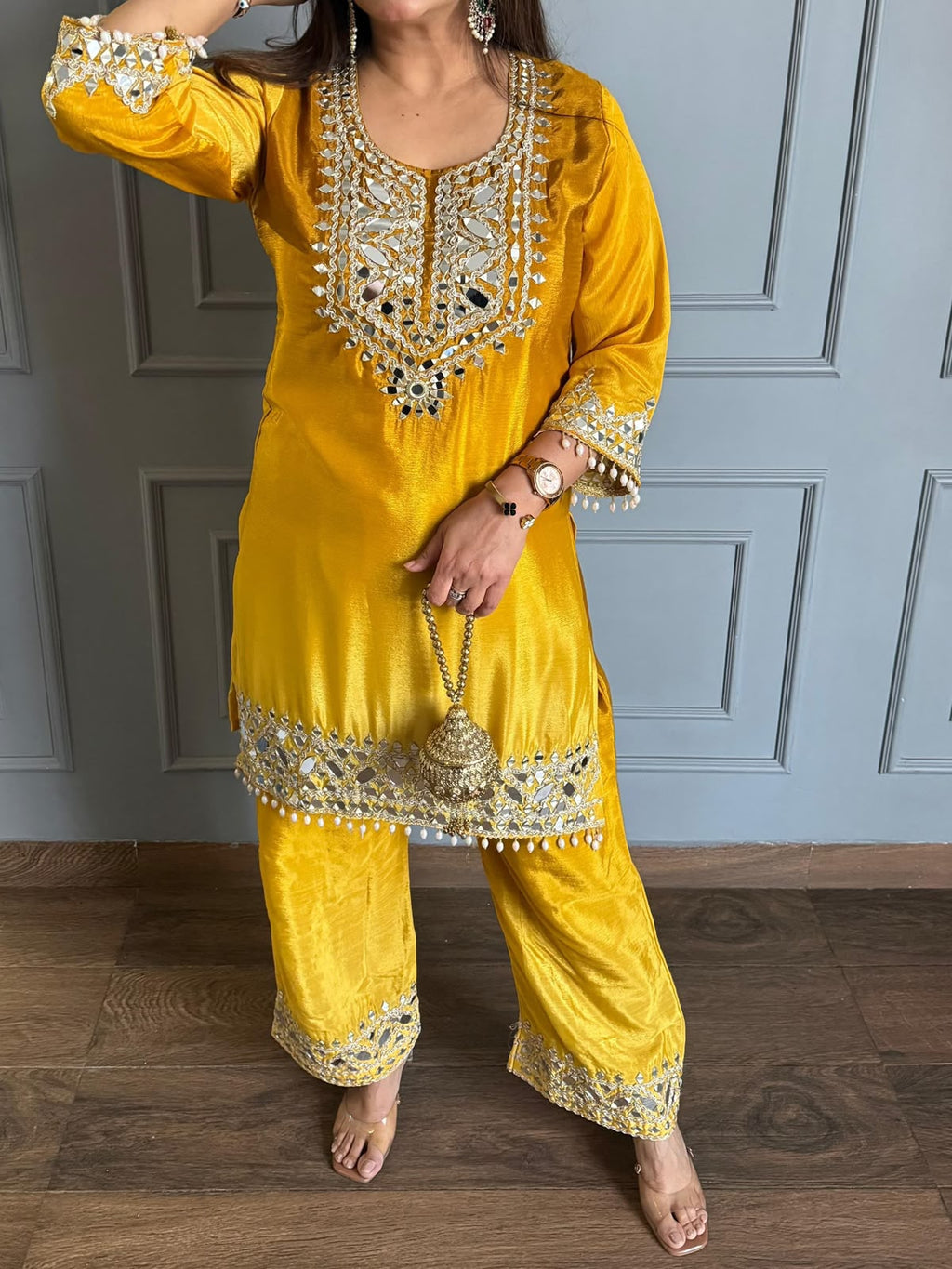 Women’s Two-Tone Chinon Embroidered Top & Pant Set