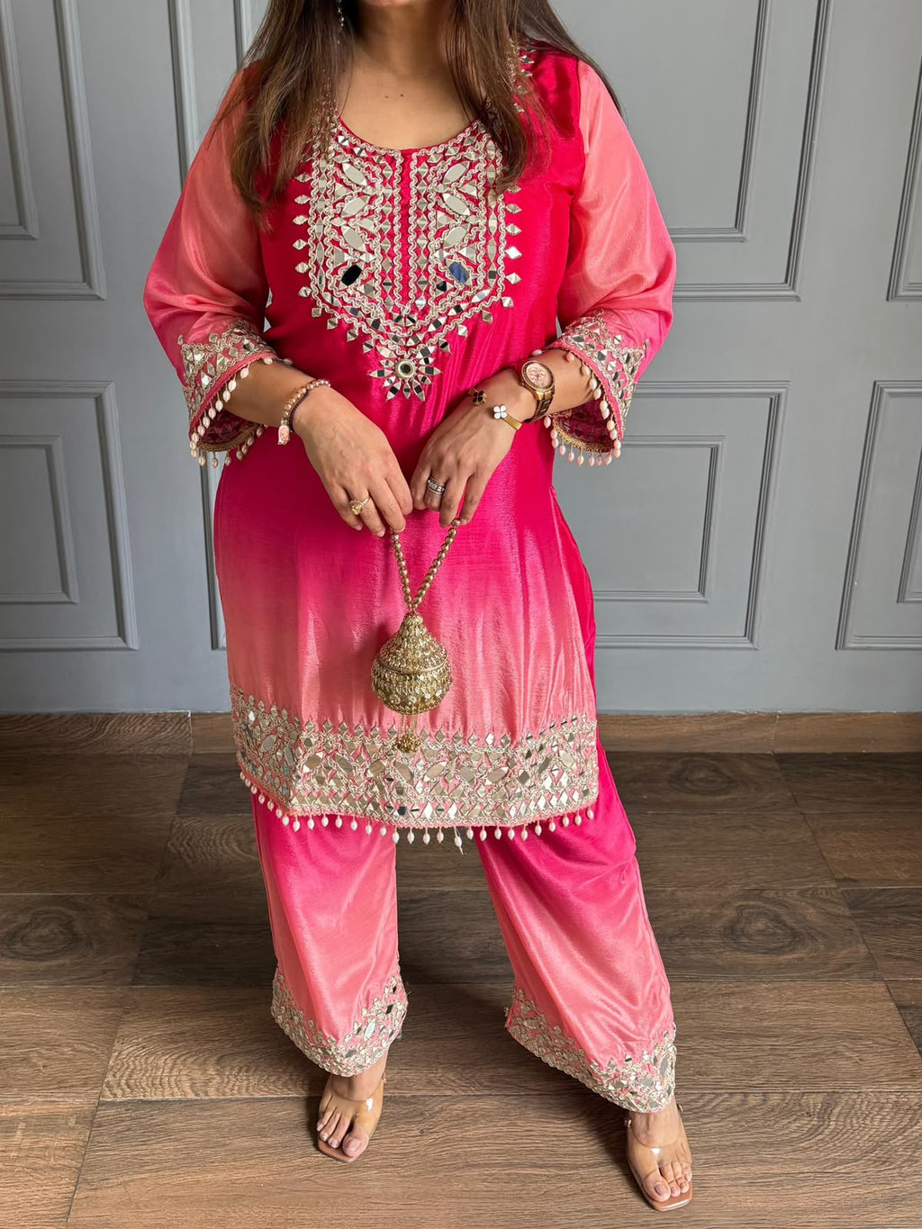 Women’s Two-Tone Chinon Embroidered Top & Pant Set