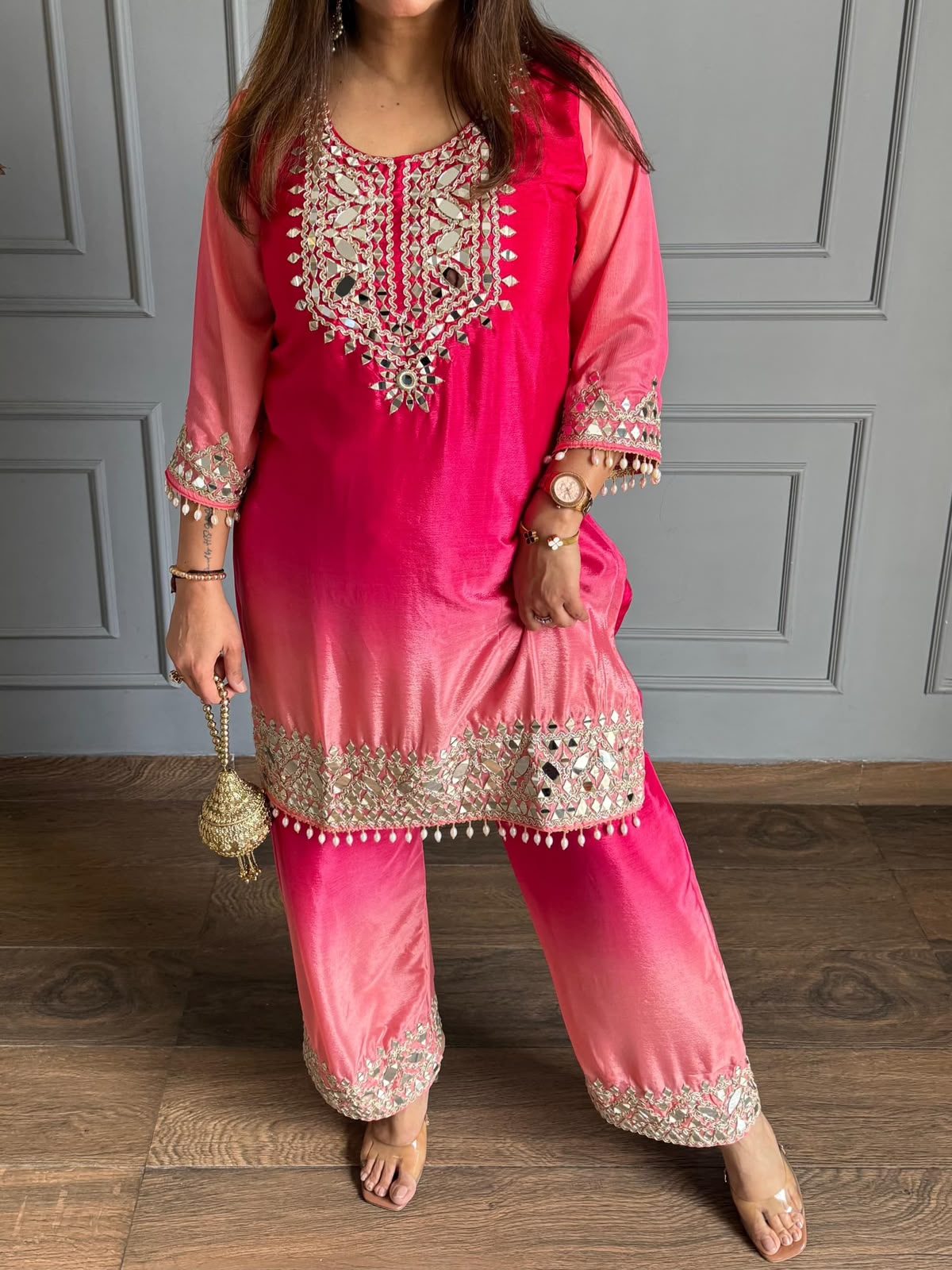 Women’s Two-Tone Chinon Embroidered Top & Pant Set