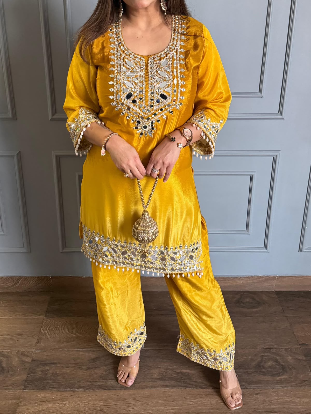 Women’s Two-Tone Chinon Embroidered Top & Pant Set