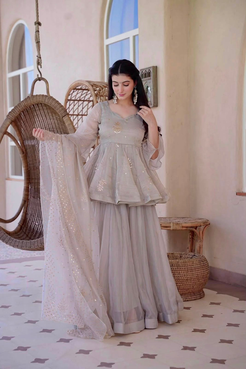 Women’s Tabby Silk Foil Work Palazzo Suit Set