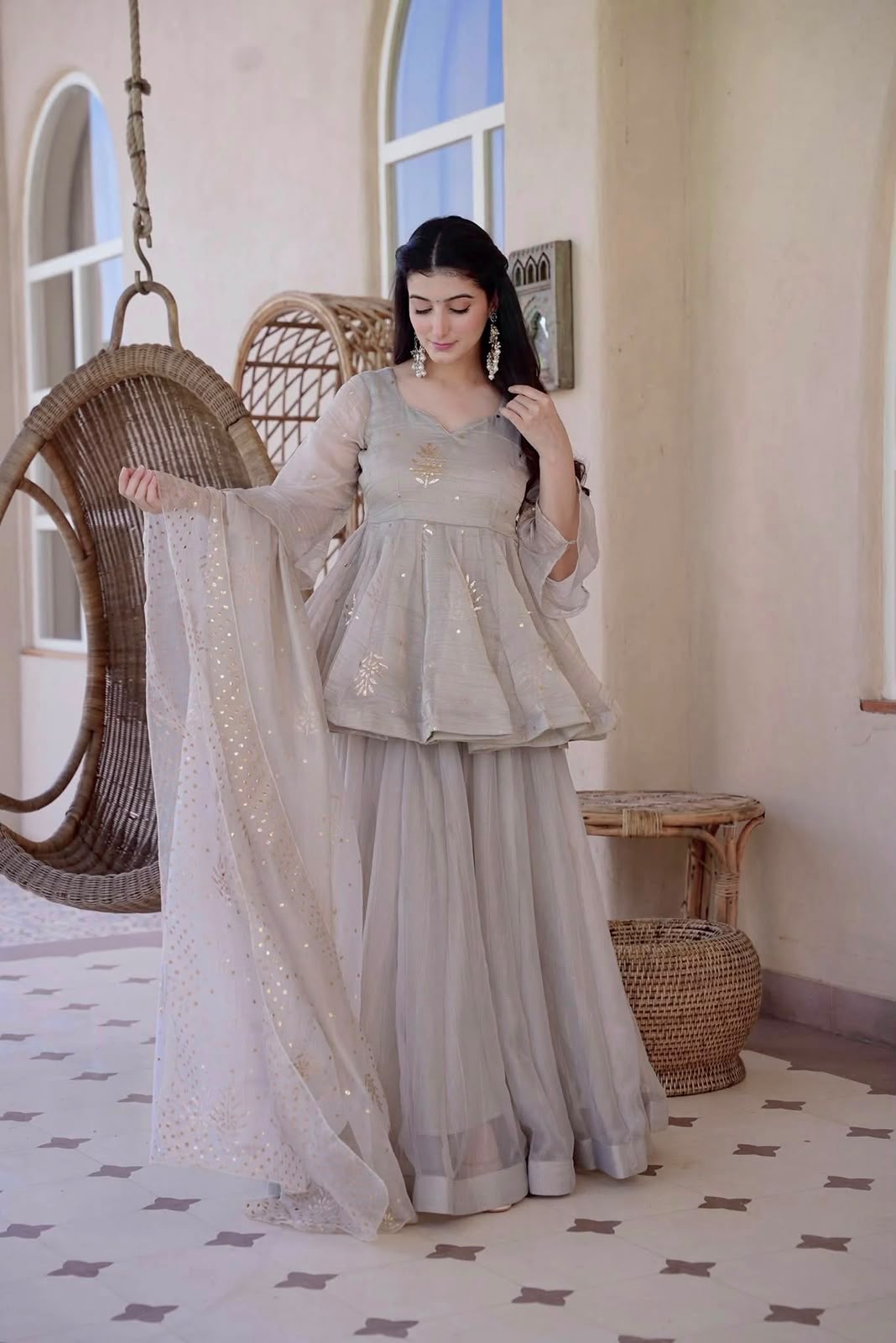 Women’s Tabby Silk Foil Work Palazzo Suit Set