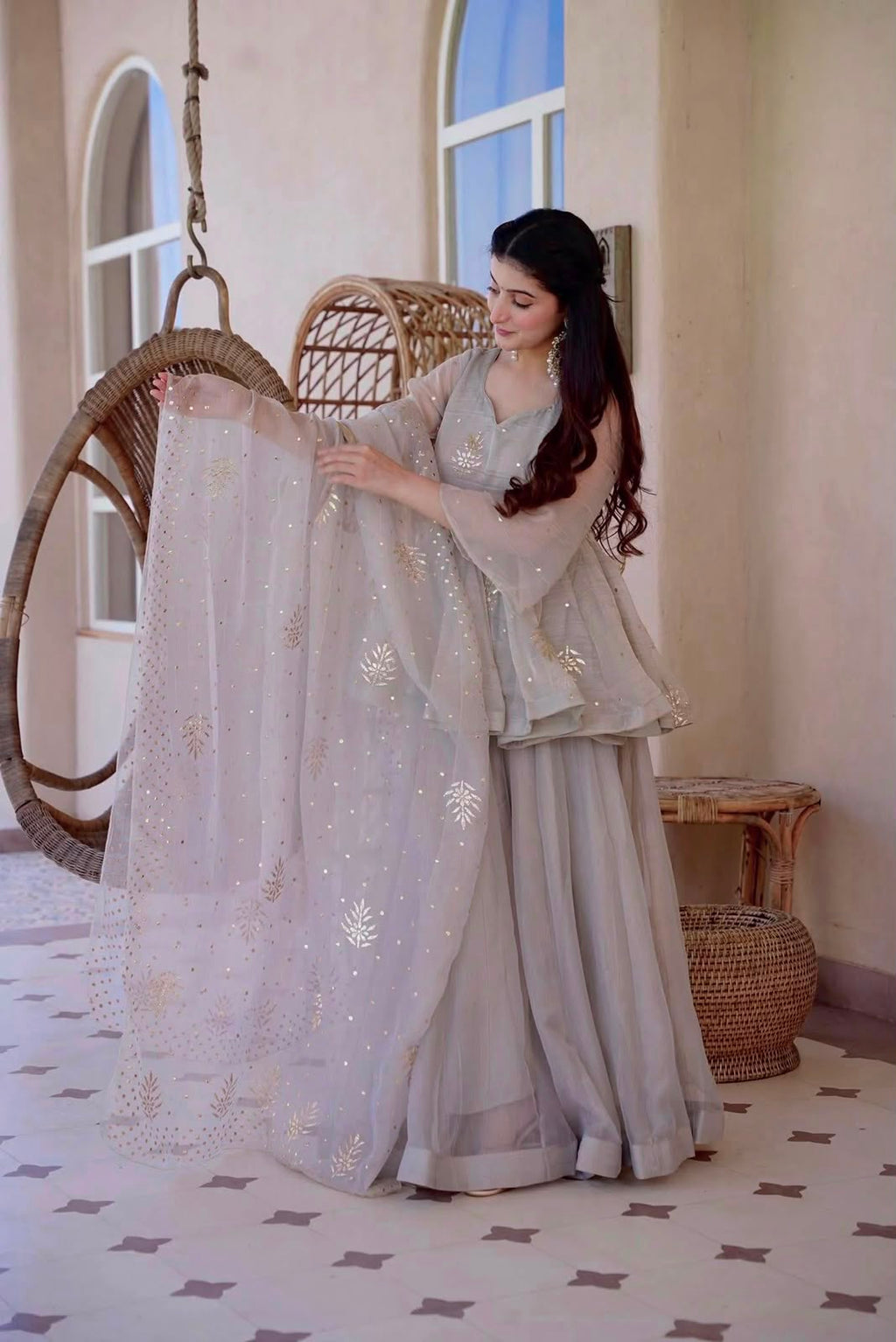 Women’s Tabby Silk Foil Work Palazzo Suit Set