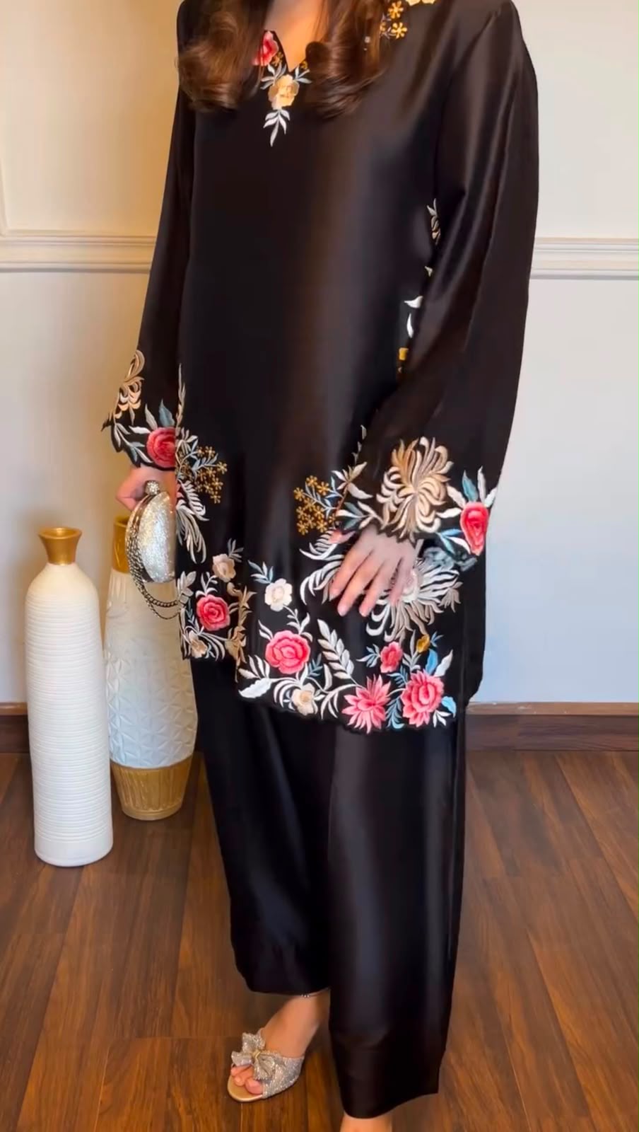Women’s Rayon Satin Thread Work Palazzo Suit Set