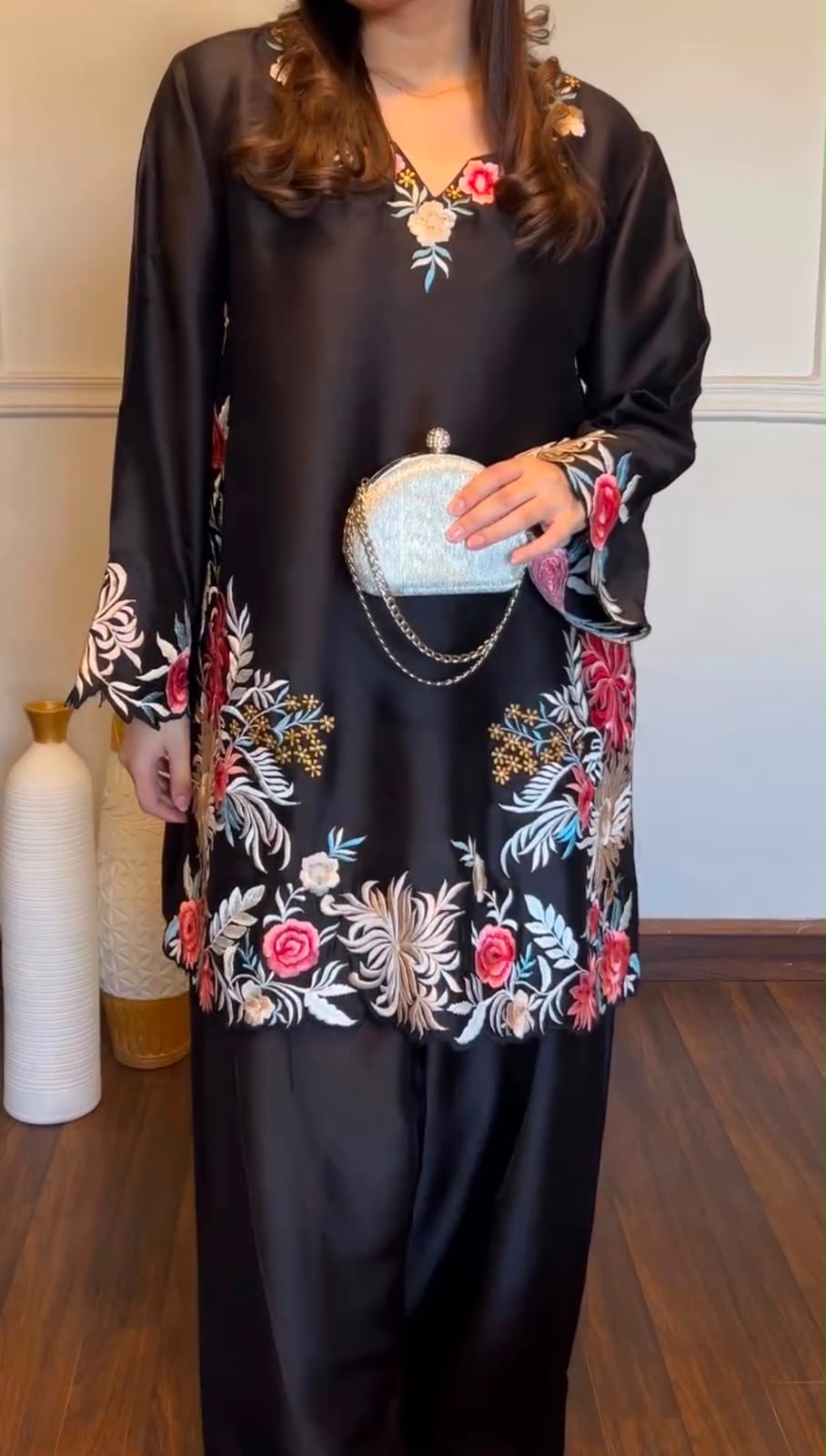 Women’s Rayon Satin Thread Work Palazzo Suit Set