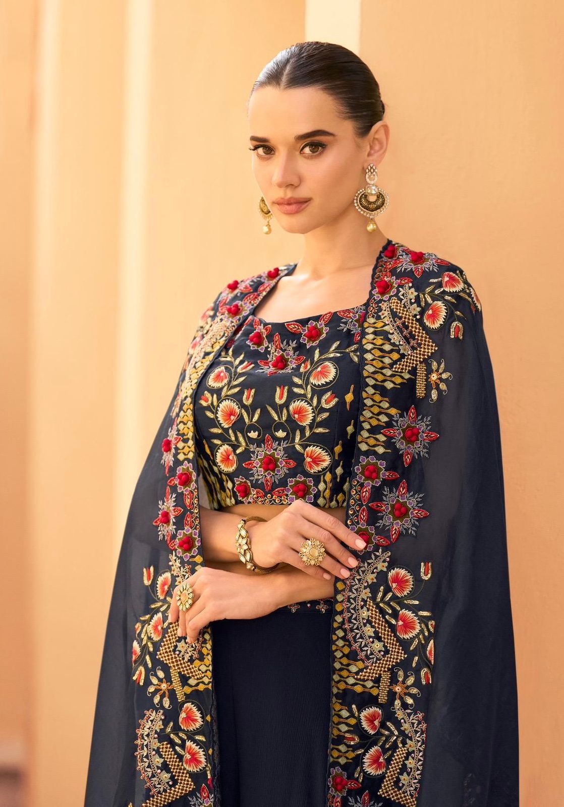 Premium Chinon & Organza Silk Designer Plazzo Set with Stylish Shrug