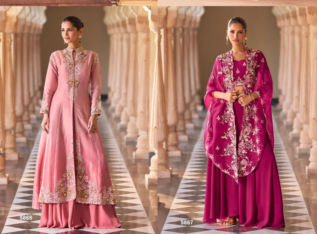 Premium Chinon & Organza Silk Designer Plazzo Set with Stylish Shrug