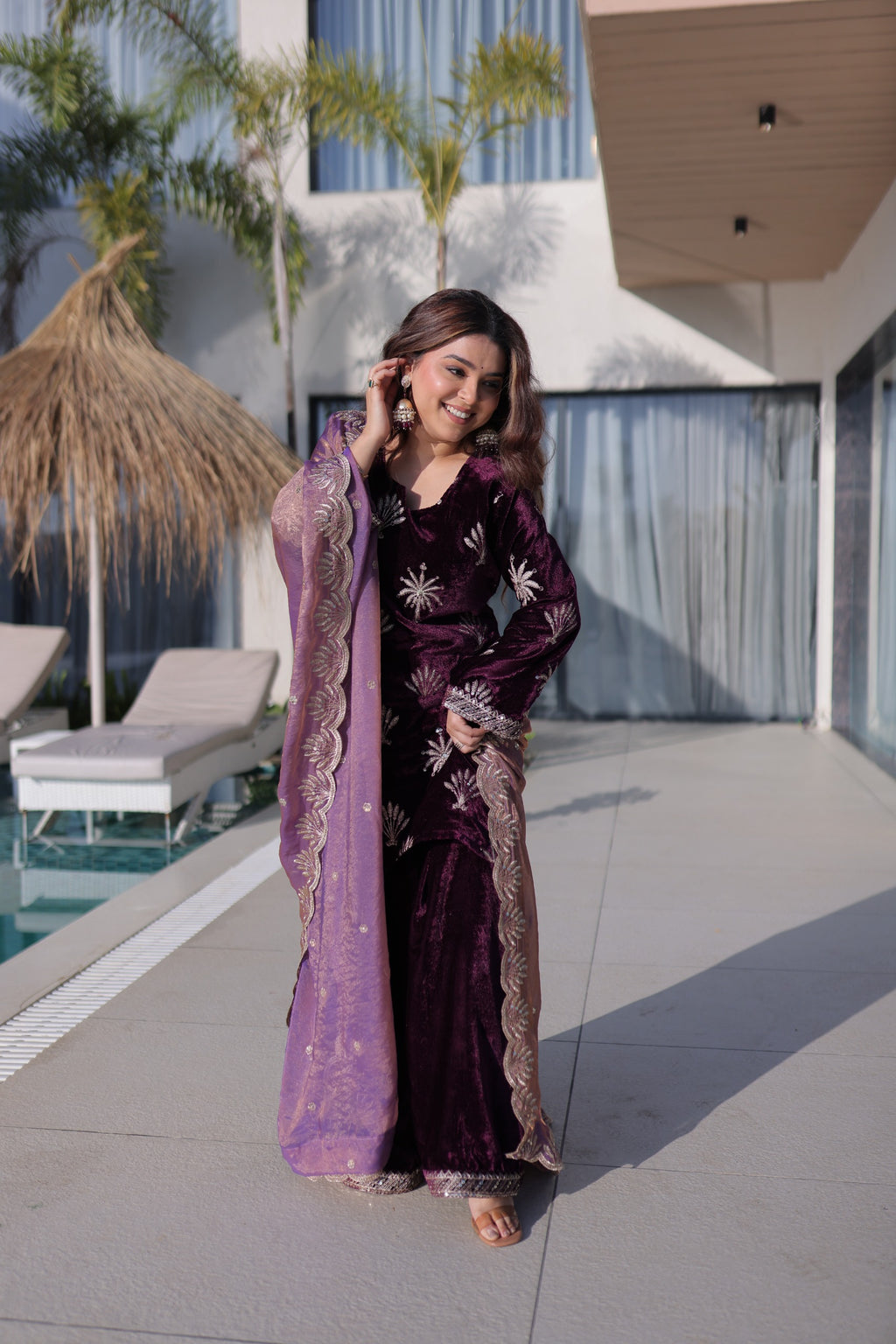 Ice Velvet Top-Palazzo Set – Sequins & Lace