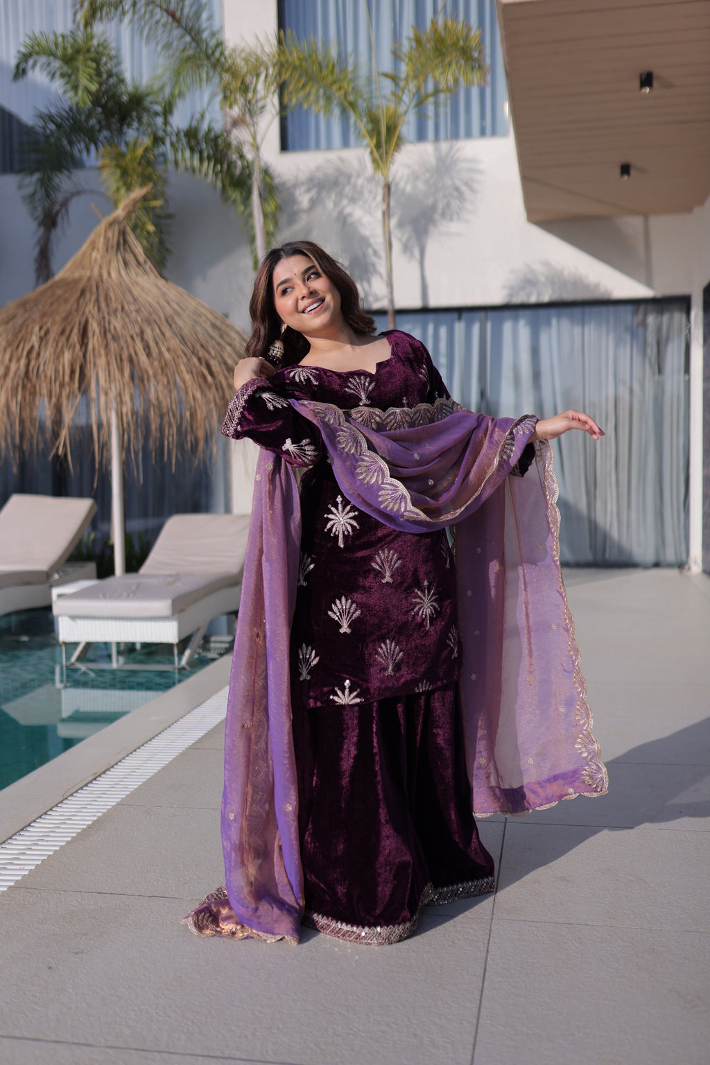 Ice Velvet Top-Palazzo Set – Sequins & Lace