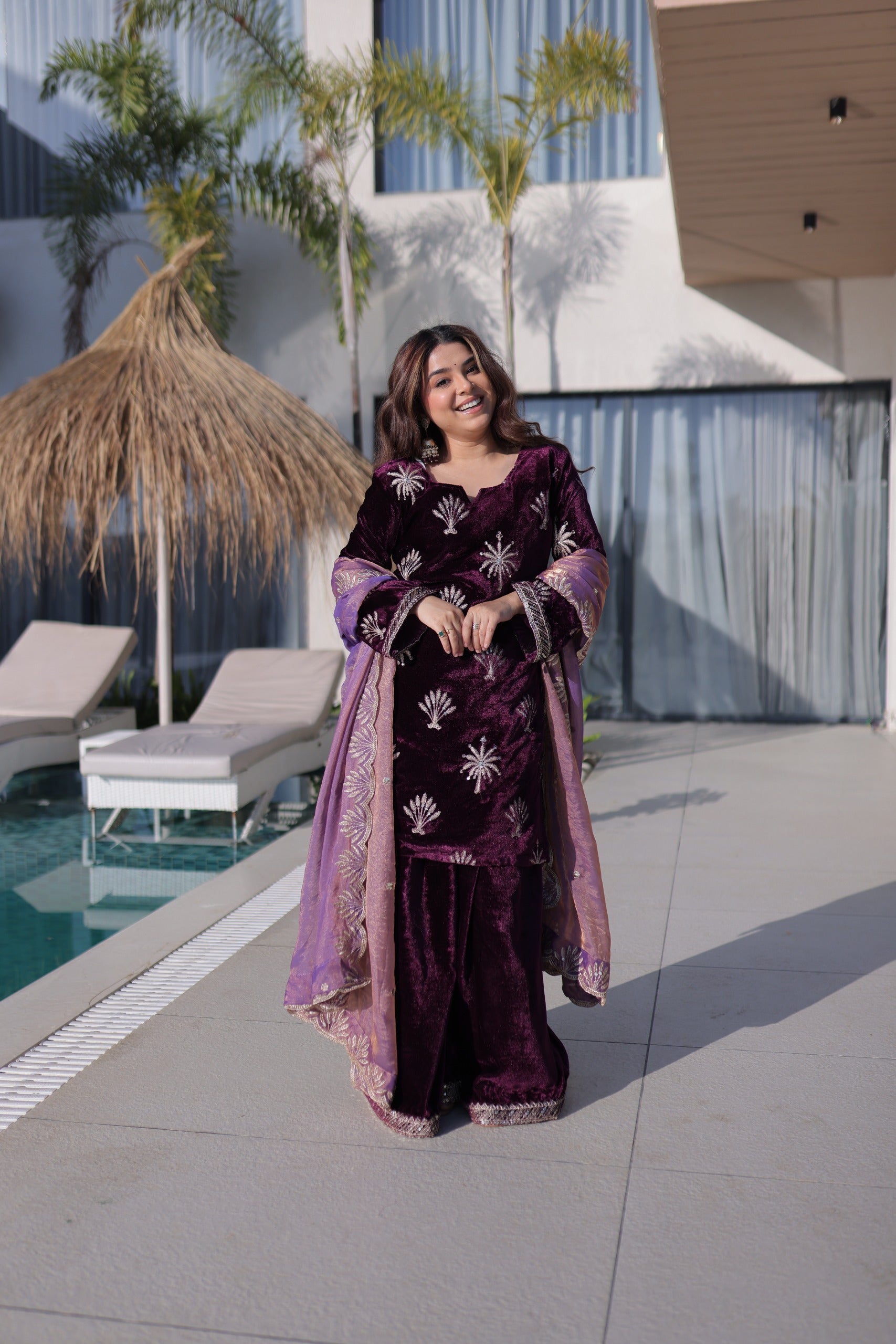 Ice Velvet Top-Palazzo Set – Sequins & Lace