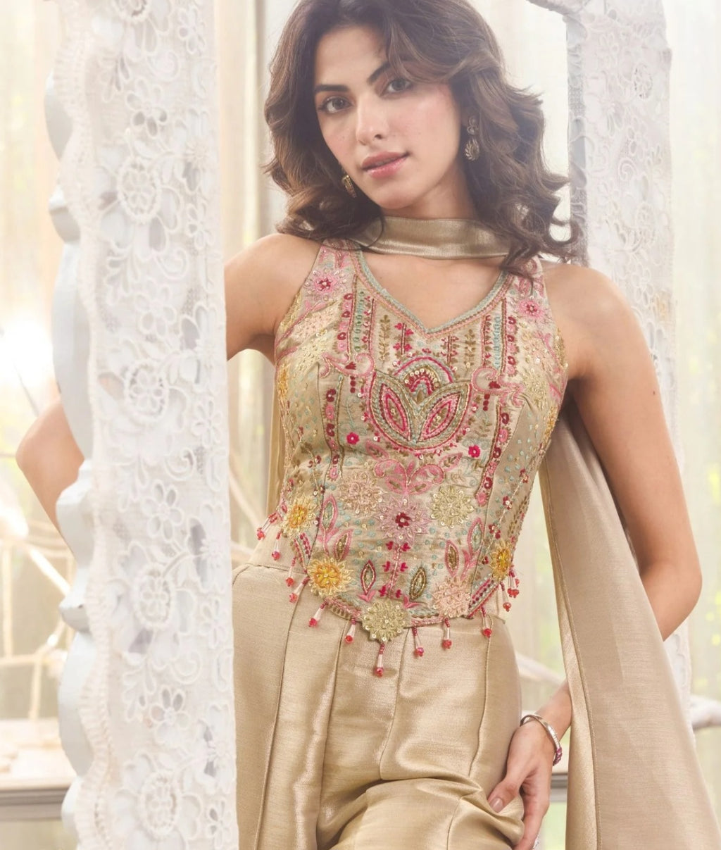 Women’s Embroidered Top & Palazzo Set with Statement Dupatta