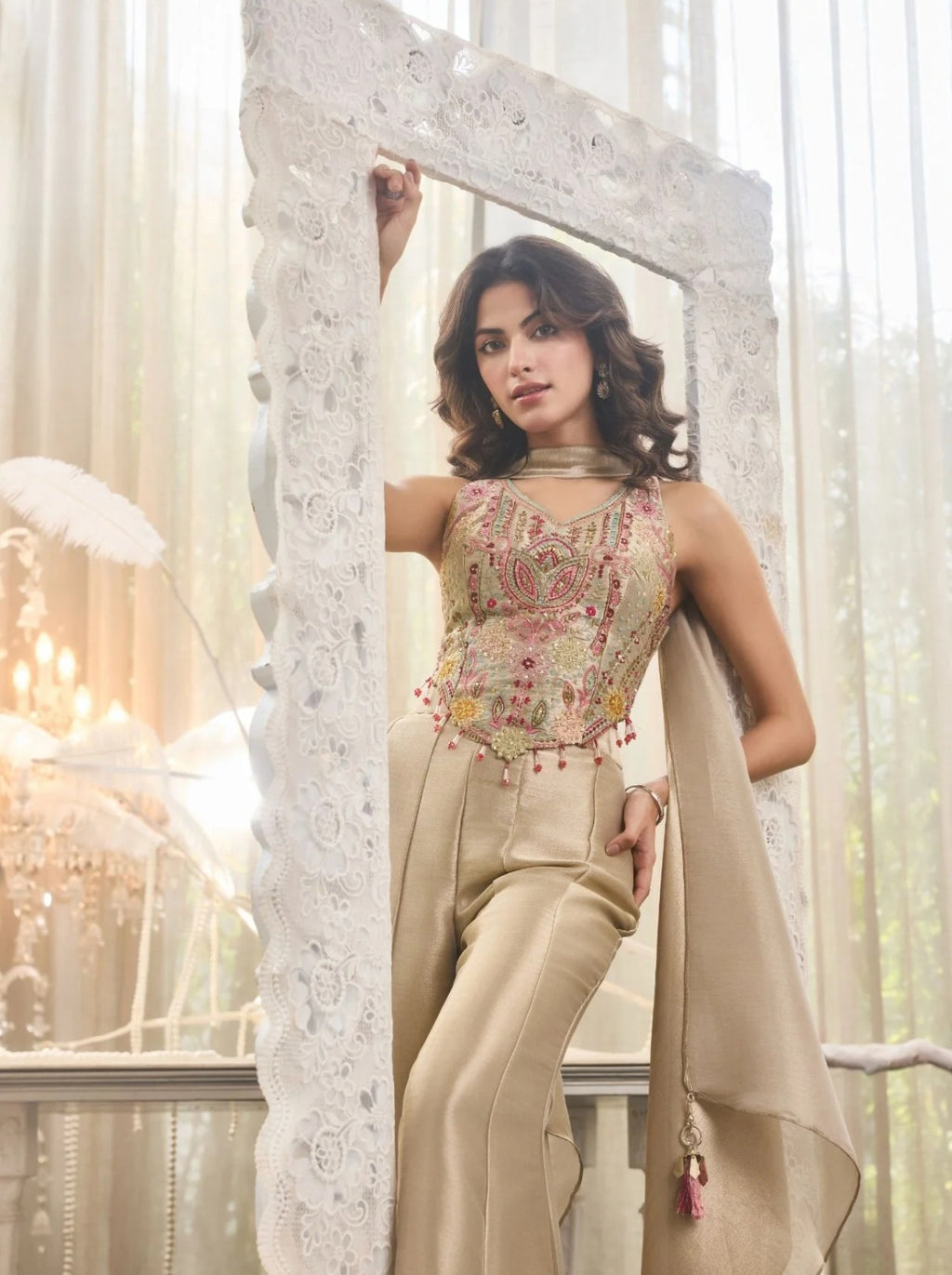 Women’s Embroidered Top & Palazzo Set with Statement Dupatta
