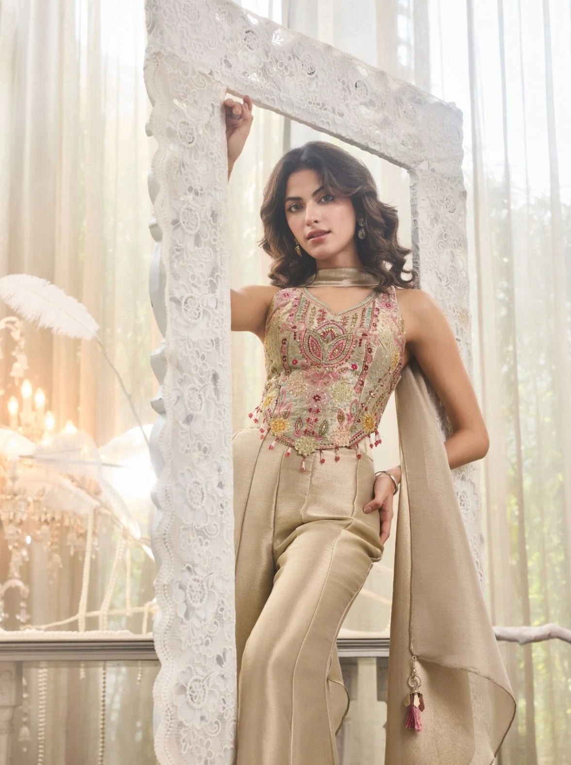 Women’s Embroidered Top & Palazzo Set with Statement Dupatta