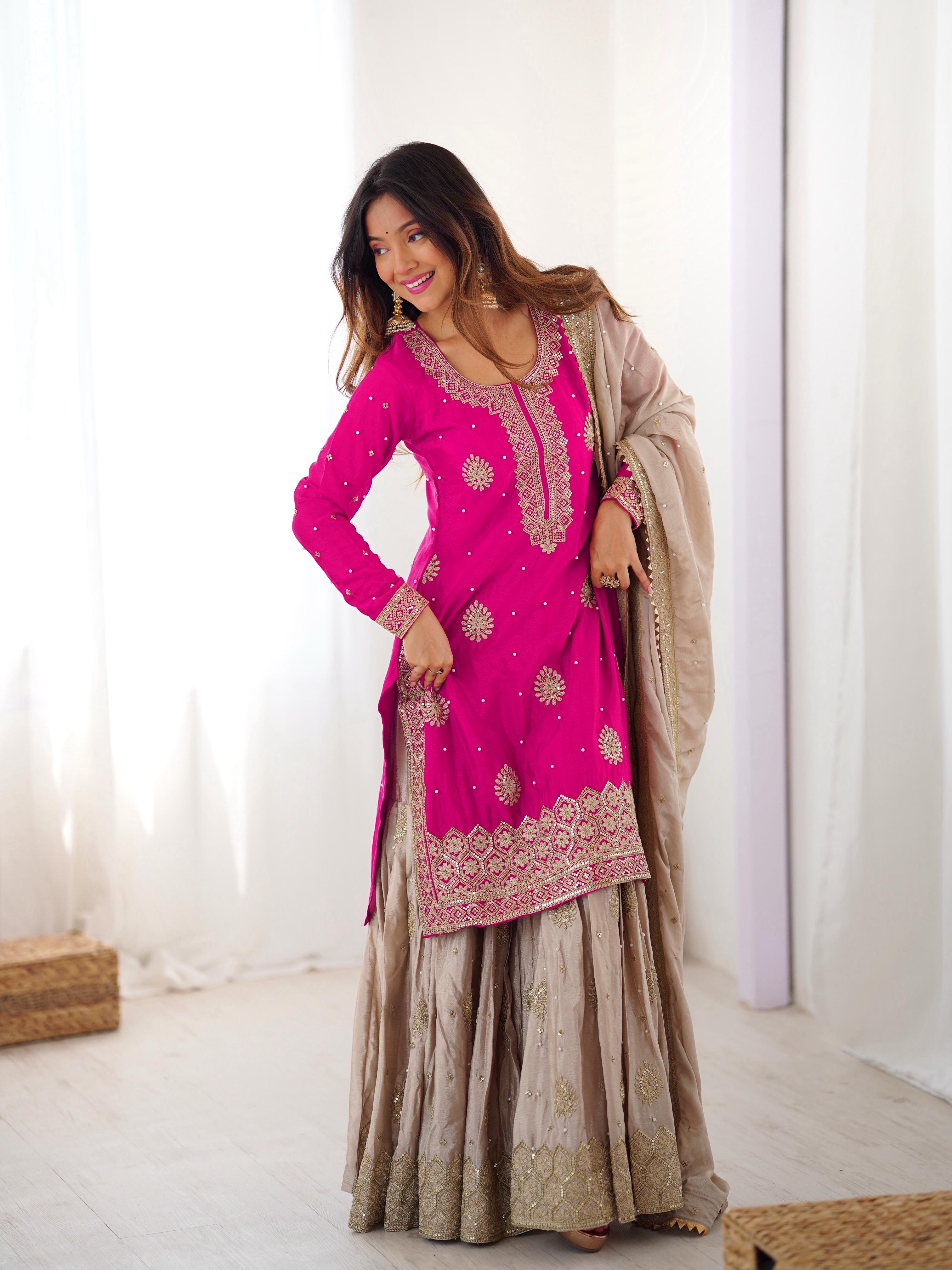 Premium Chinon Silk Sharara Set with Sequins & Pearls