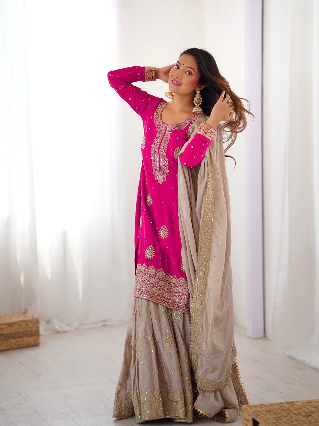 Premium Chinon Silk Sharara Set with Sequins & Pearls