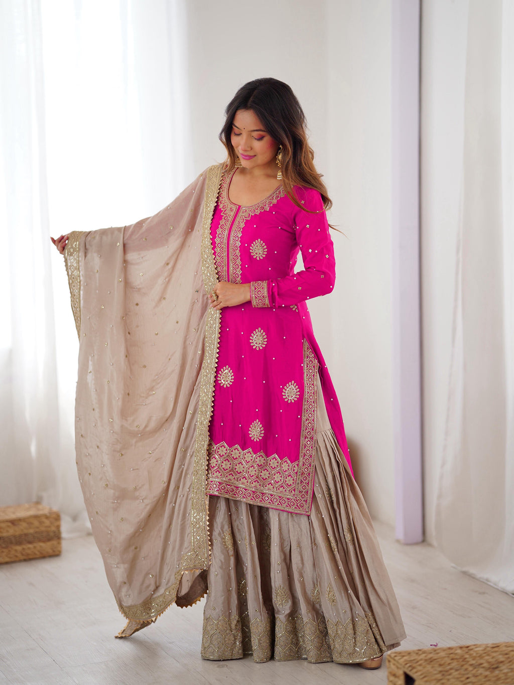 Premium Chinon Silk Sharara Set with Sequins & Pearls