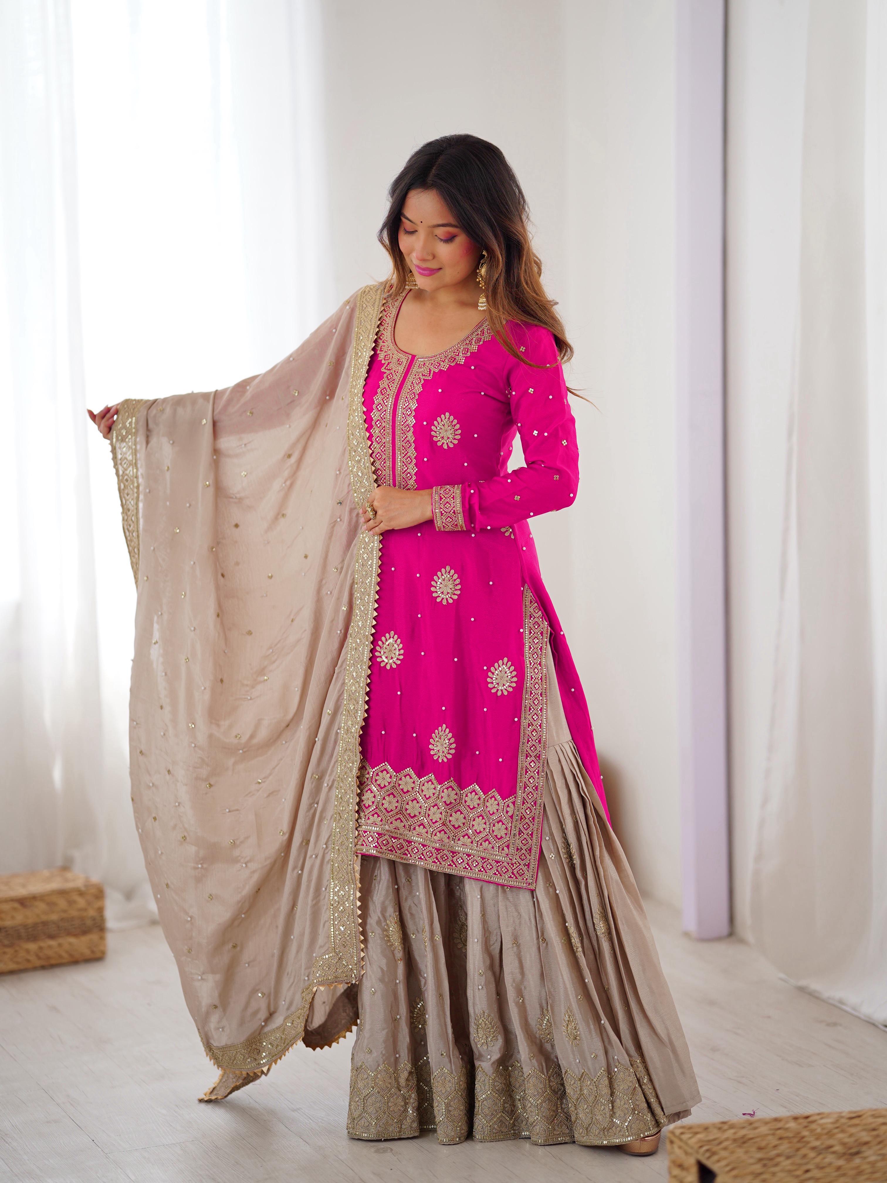 Premium Chinon Silk Sharara Set with Sequins & Pearls