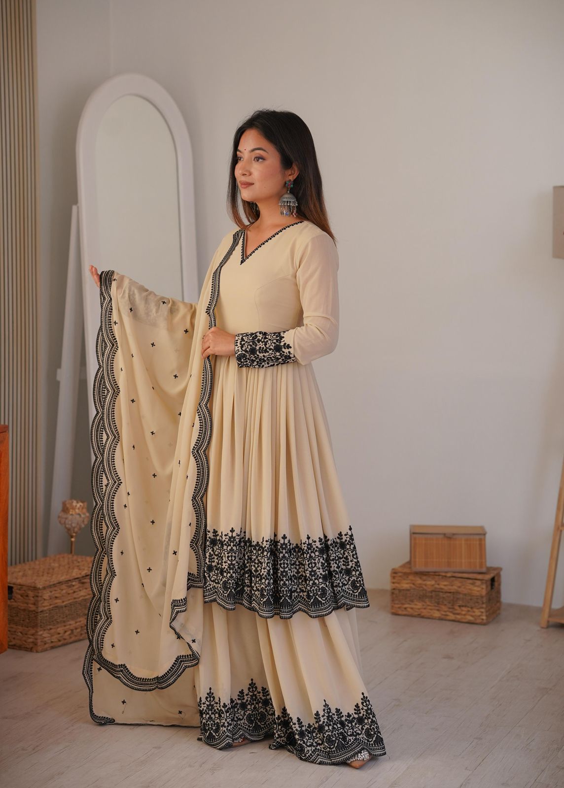 Party Wear Cream Palazzo Suit Set