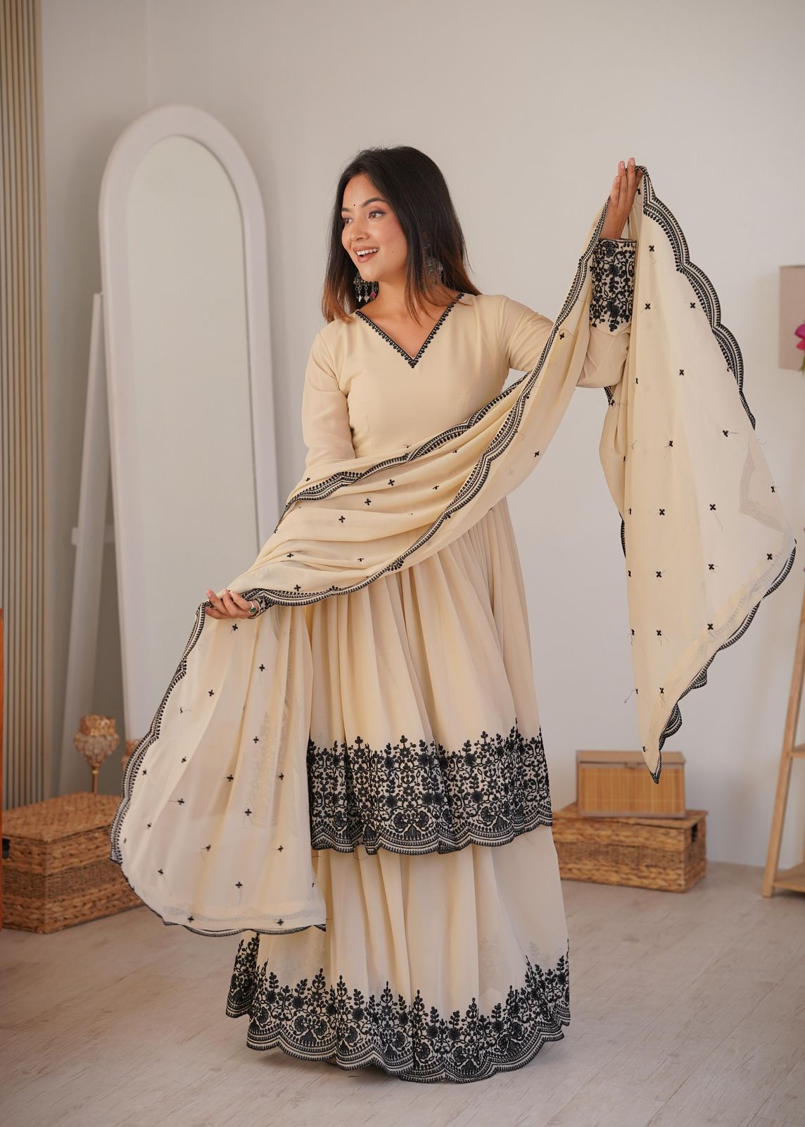 Party Wear Cream Palazzo Suit Set