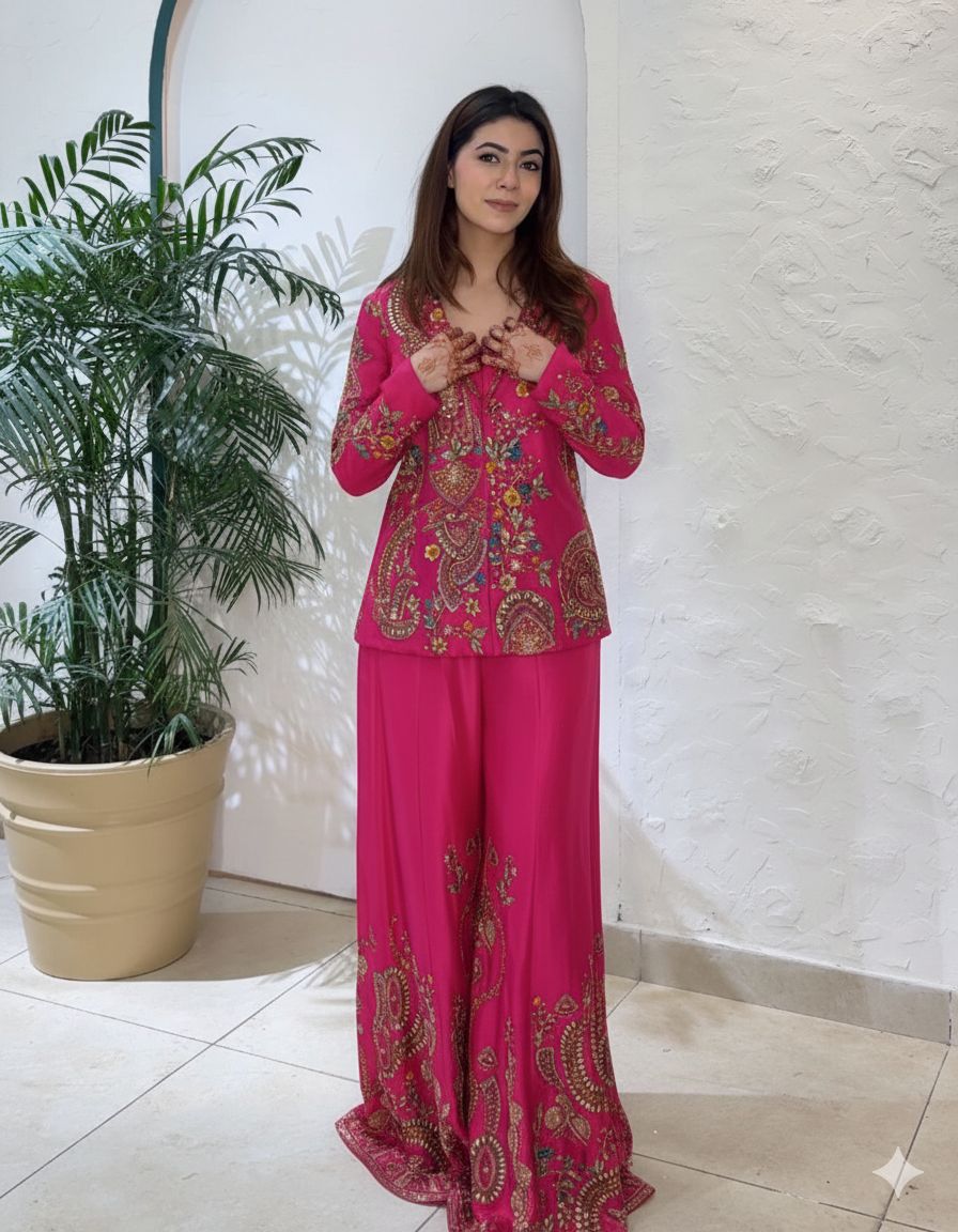 3 PIECE PALAZZO PAIR WITH SEQUENCE EMBROIDERY WORK
