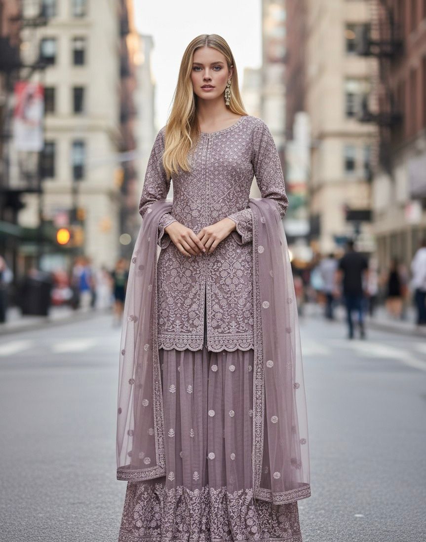 Embroidered Sharara Suit with Net Dupatta
