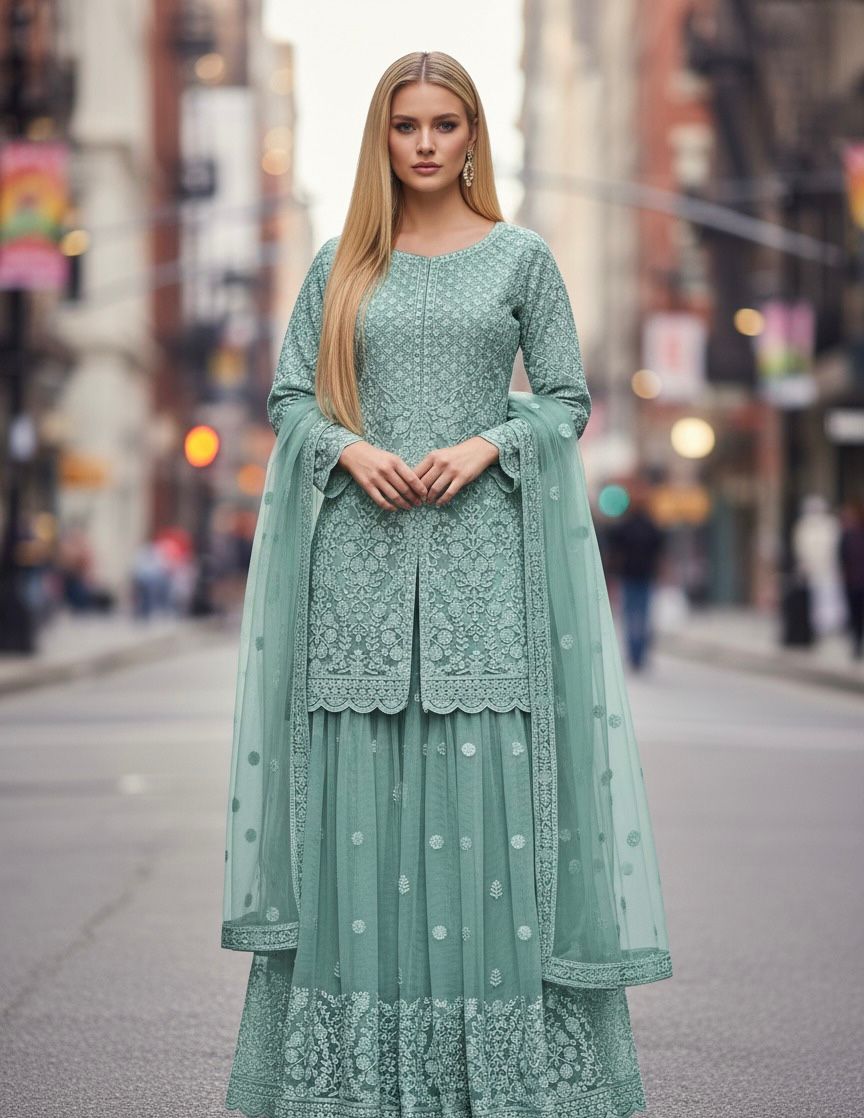Embroidered Sharara Suit with Net Dupatta