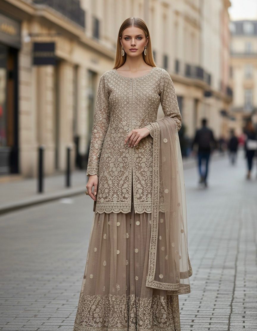 Embroidered Sharara Suit with Net Dupatta