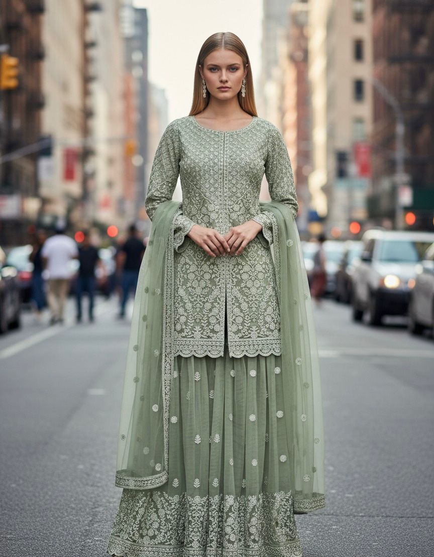 Embroidered Sharara Suit with Net Dupatta