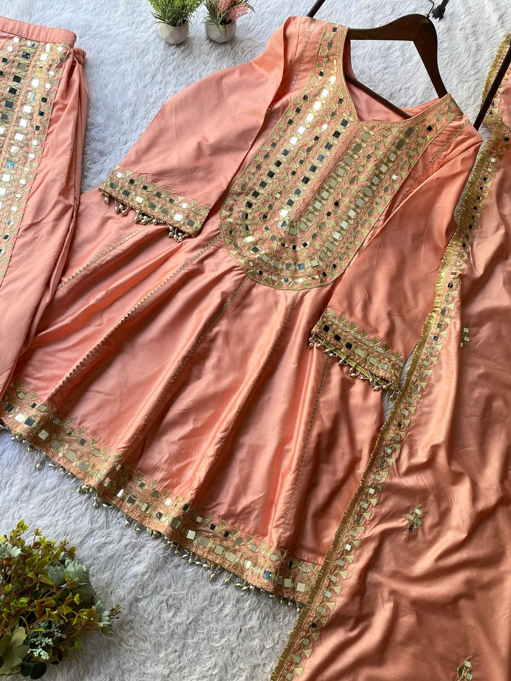 TRENDY REAL MIRROR EMBROIDERED TOP WITH TULIP DHOTI AND DUPATTA