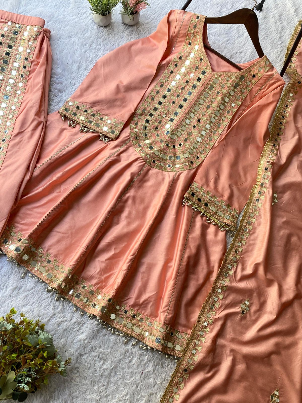 TRENDY REAL MIRROR EMBROIDERED TOP WITH TULIP DHOTI AND DUPATTA