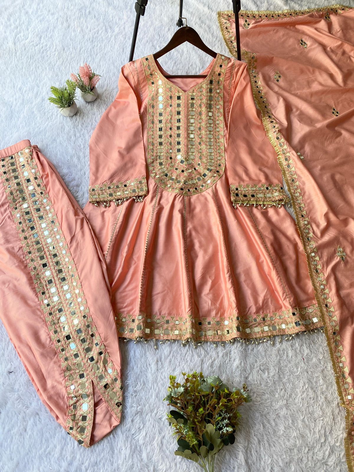 TRENDY REAL MIRROR EMBROIDERED TOP WITH TULIP DHOTI AND DUPATTA