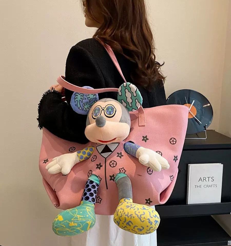 Trendy Canvas Bag with Cartoon Plush