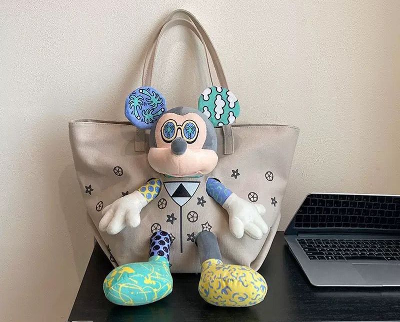 Trendy Canvas Bag with Cartoon Plush