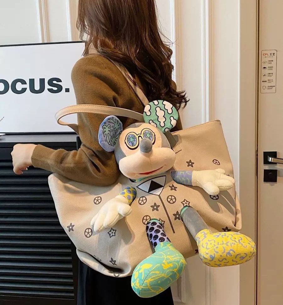 Trendy Canvas Bag with Cartoon Plush