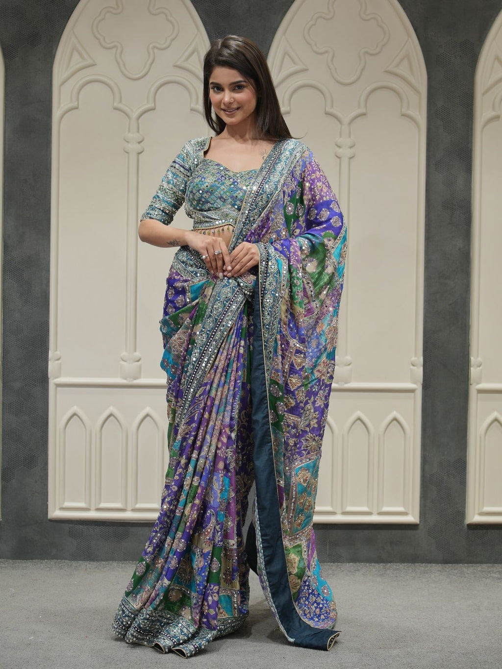 Pure Soft Chinon Silk Saree with Real Mirror Hand Embroidery