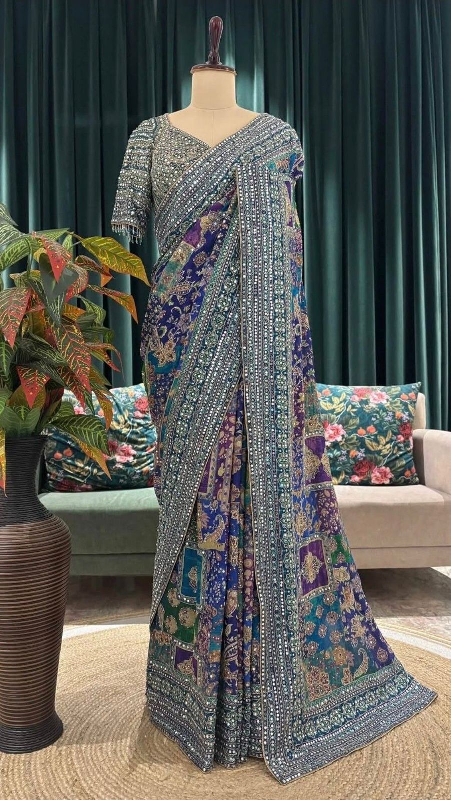 Pure Soft Chinon Silk Saree with Real Mirror Hand Embroidery