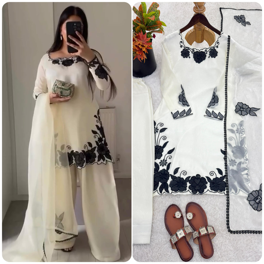 Elegant Ivory Floral Embroidered Kurti Set