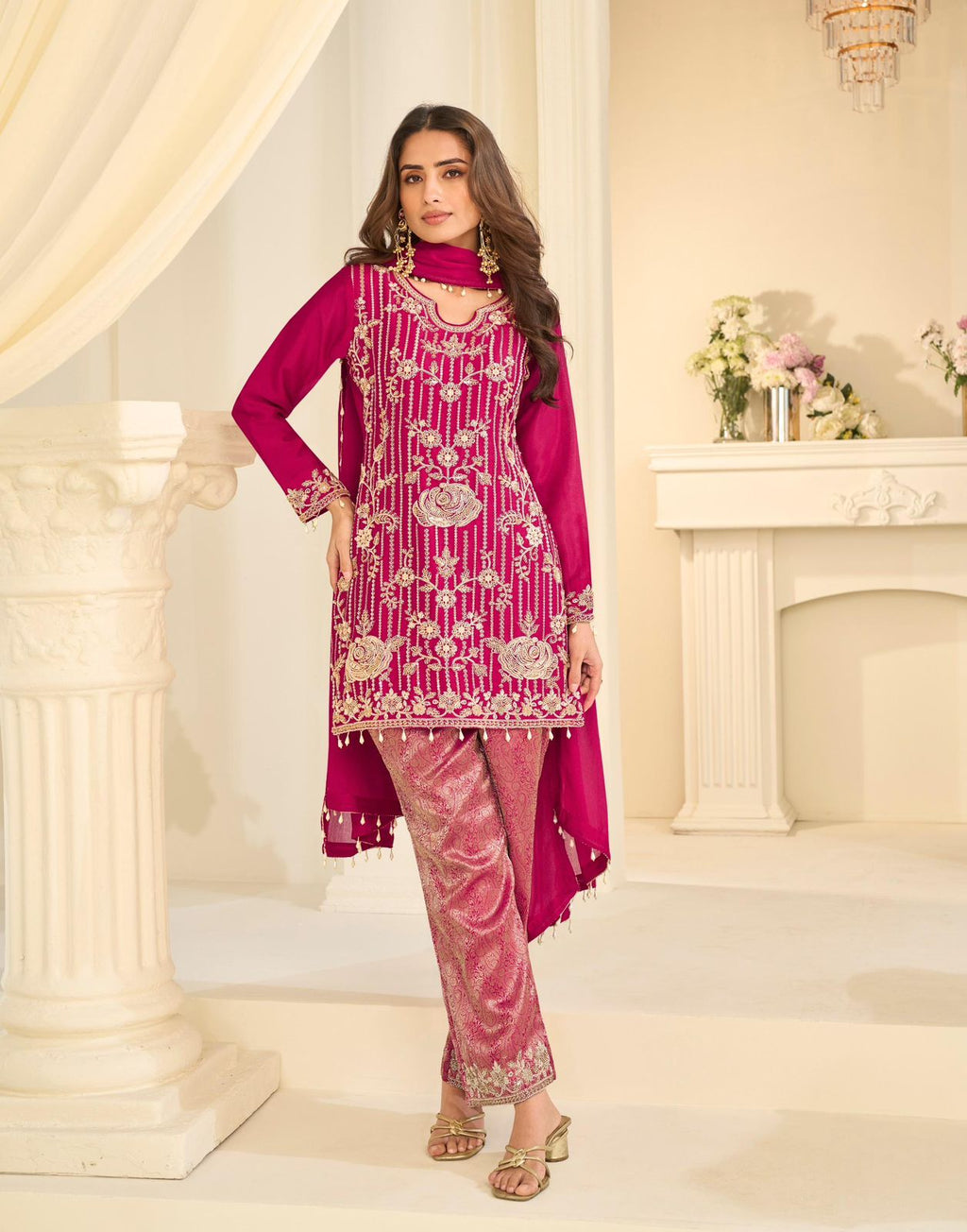 Designer Partywear Embroidered Straight Kurta Pant Set
