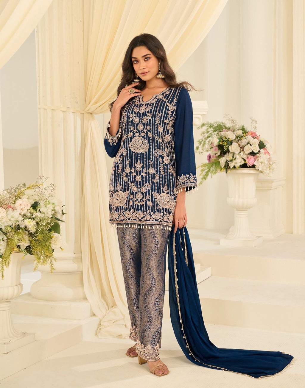 Designer Partywear Embroidered Straight Kurta Pant Set