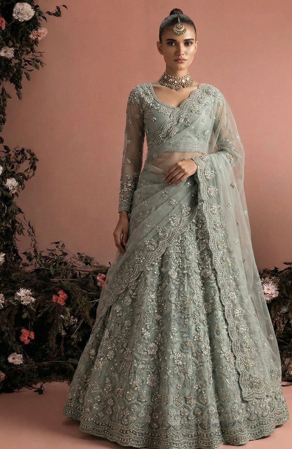 Elegant Embroidered Net Unstitched Lehenga Set
