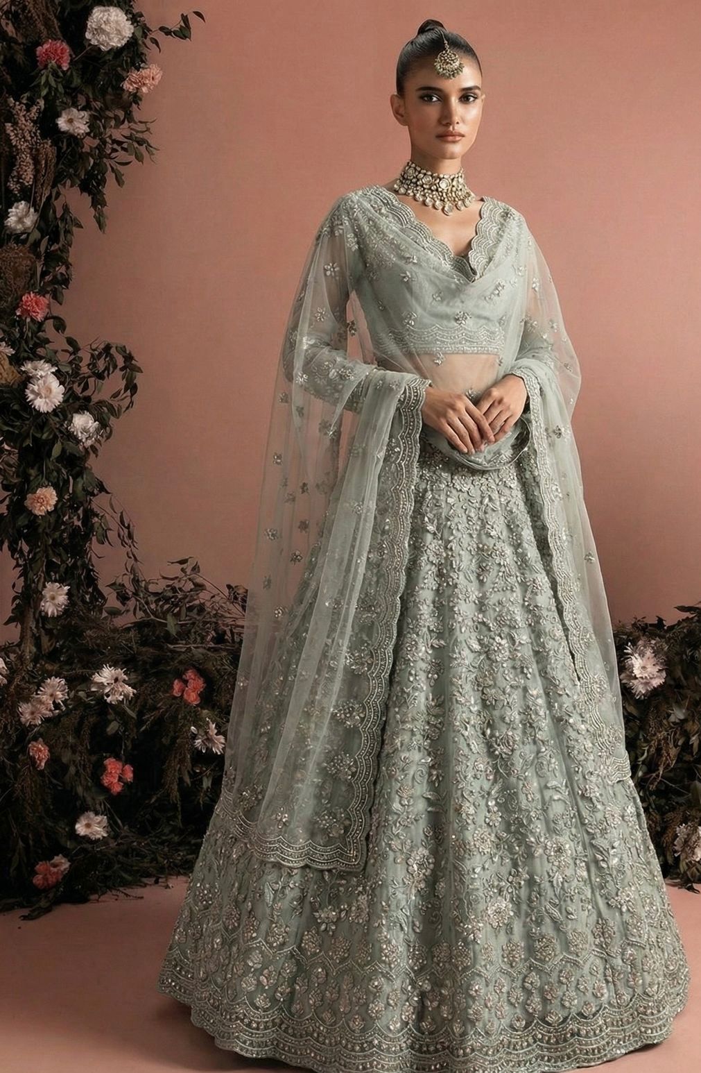 Elegant Embroidered Net Unstitched Lehenga Set